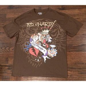 Ed by Ed Hardy Y2K Brown T-Shirt Tiger Design Men's Size Medium